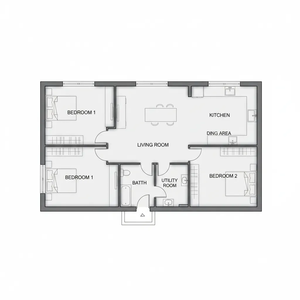 Plano de distribución de vivienda con zonas diferenciadas