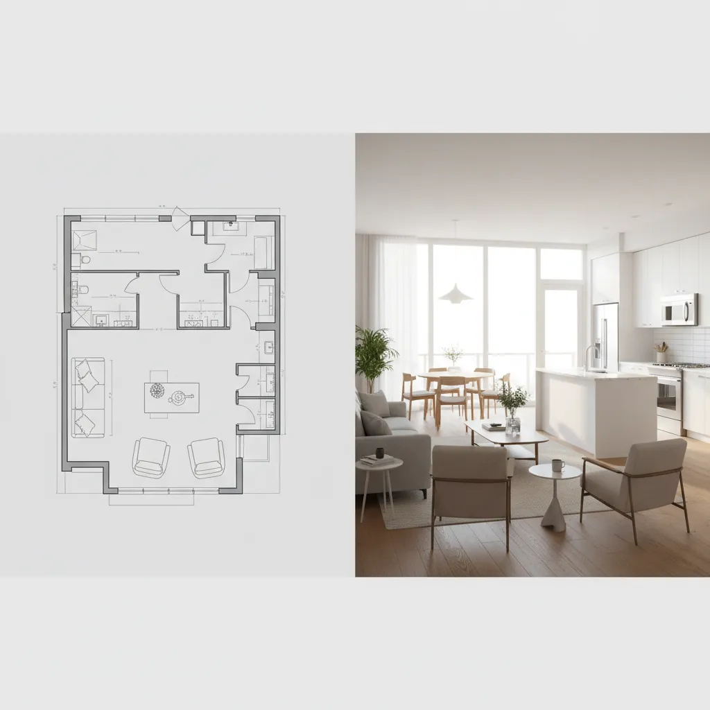 workflow showing 2D floor plan transforming into 3D interior layout visualization