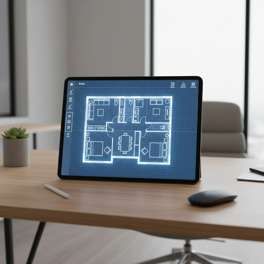 Tablet displaying a floor plan creator interface with architectural layout