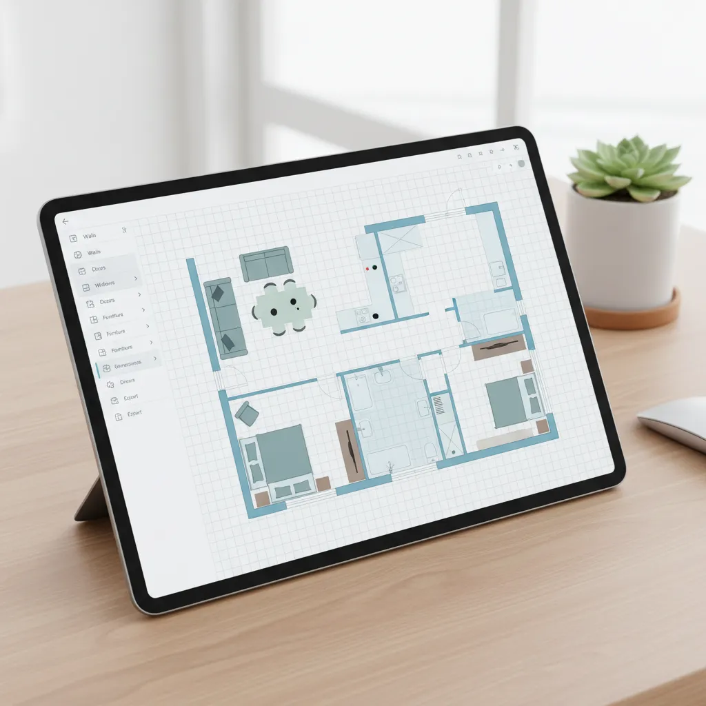 Tablet showing floor plan creator app with apartment layout and furniture placement tools