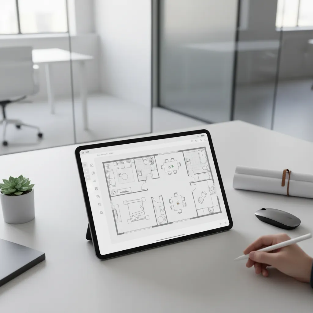 Designer editing a digital apartment floor plan layout on a tablet device