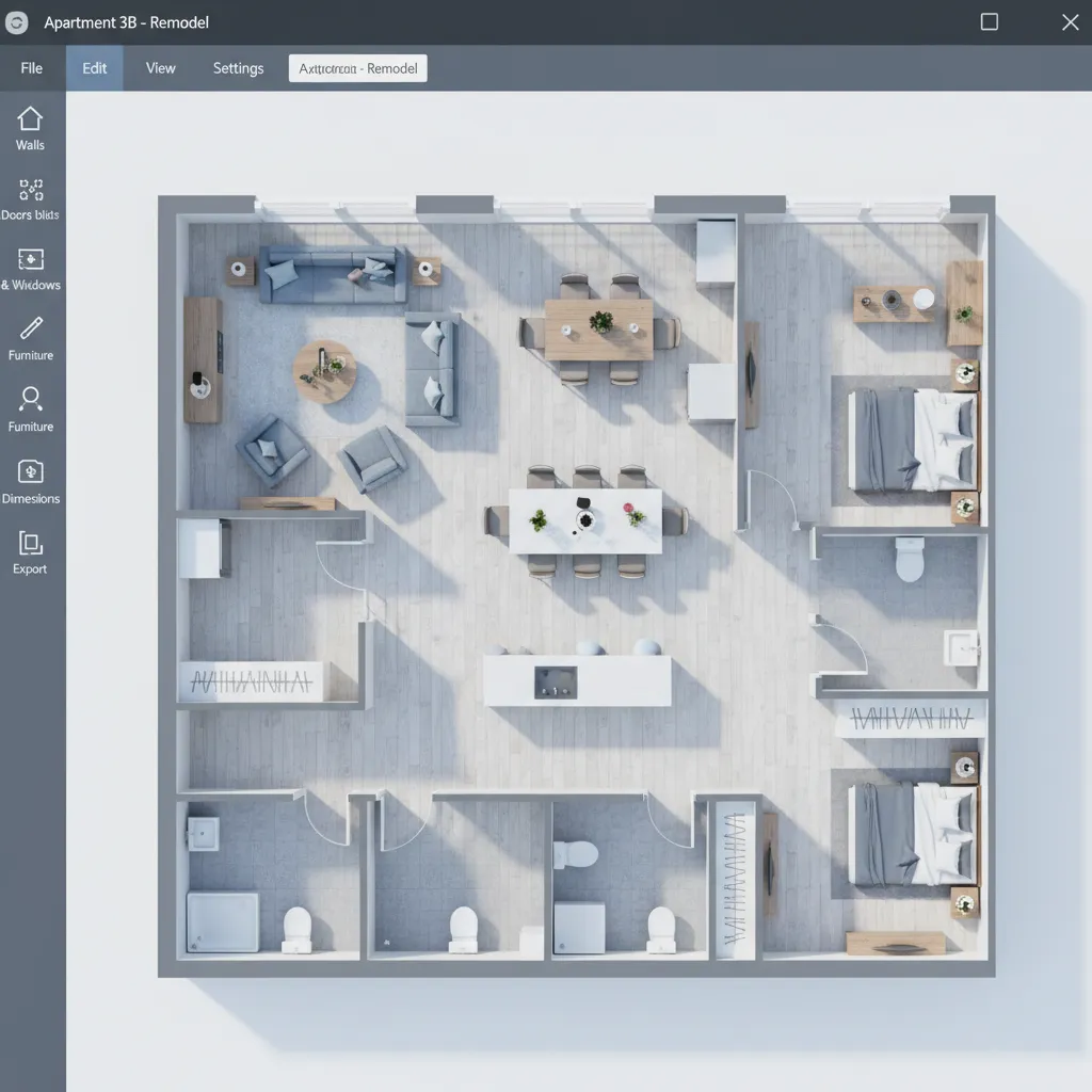 Digital floor plan creator interface showing a simple apartment layout with furniture placement