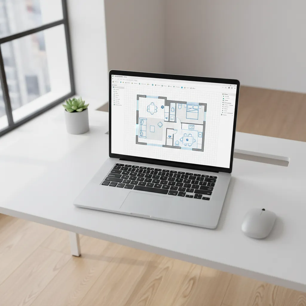 Laptop displaying a floor plan creator interface with a simple apartment layout