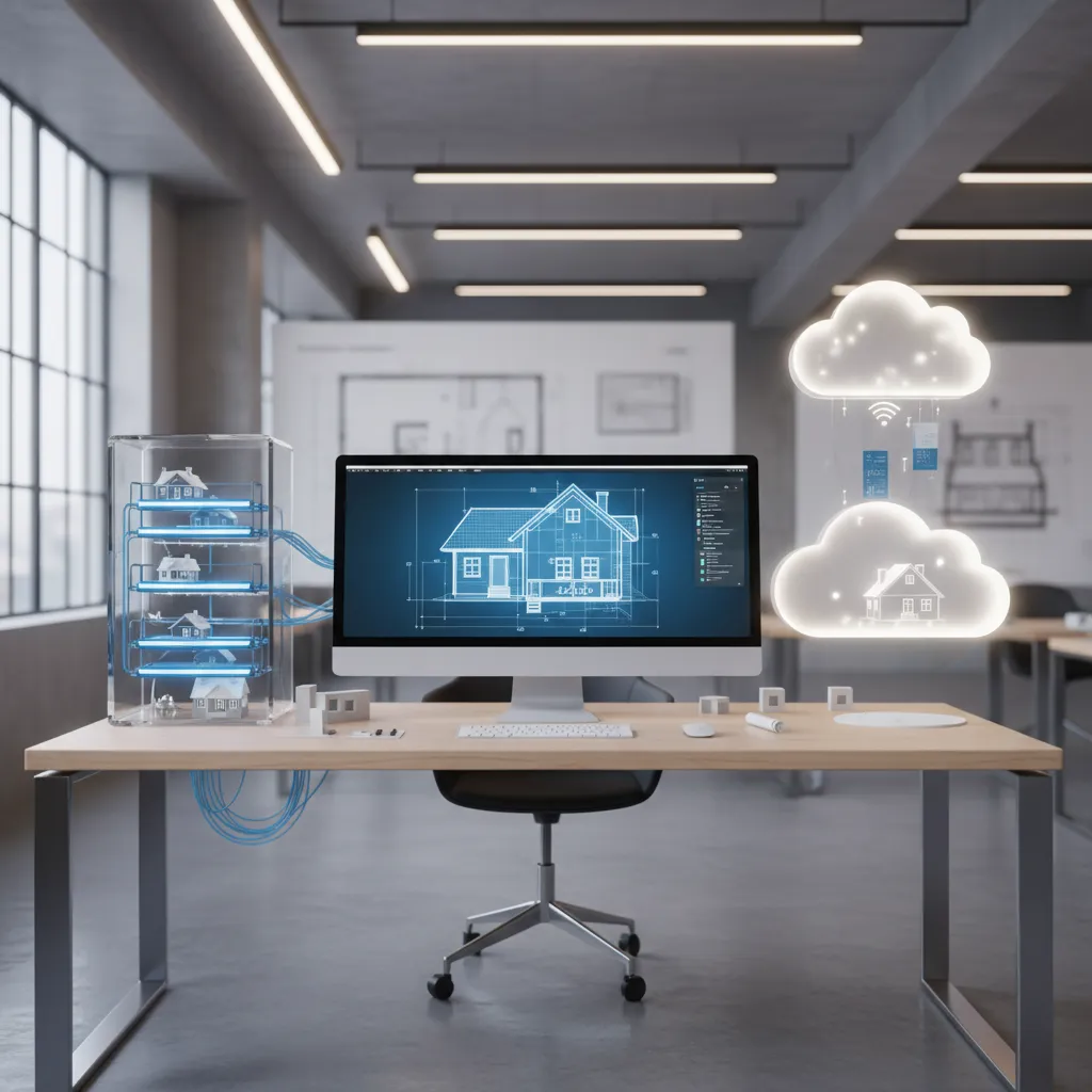 diagram style workspace showing local computer storage vs cloud storage for floor plan projects