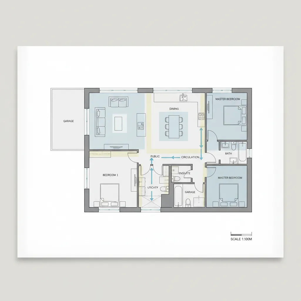 Annotated floor plan showing circulation paths and room zoning