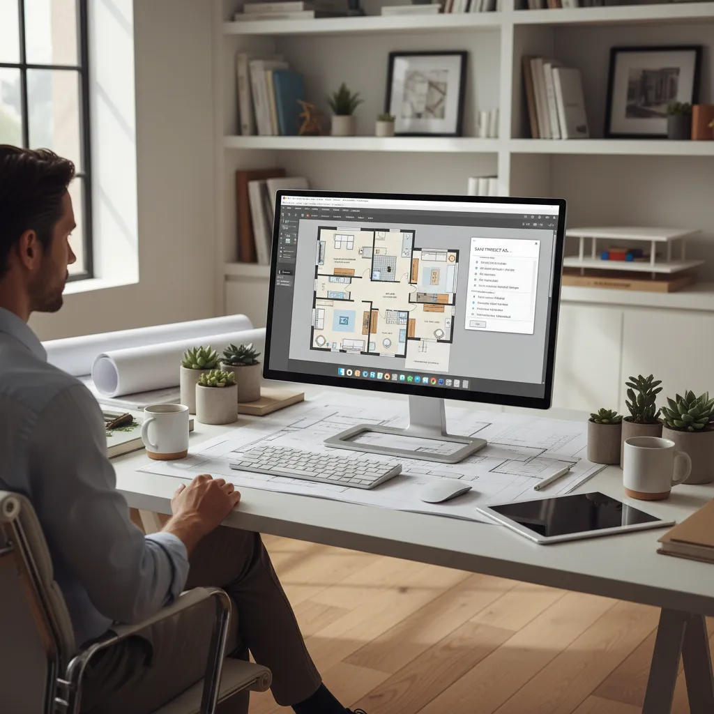 designer saving floor plan project versions on laptop during home layout planning