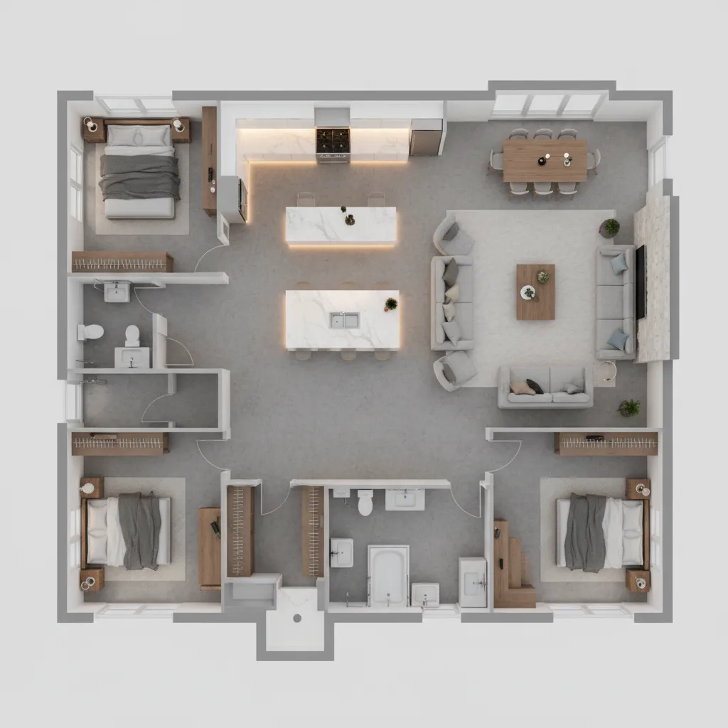 3d floor plan of small house showing kitchen layout adjustments