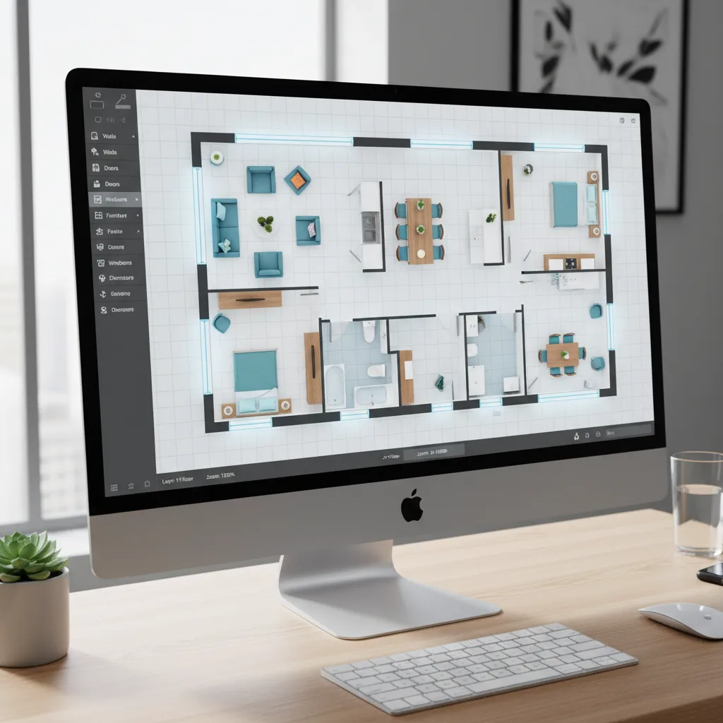 Computer monitor showing a colored apartment layout with blue sofas dining table and bedroom furniture