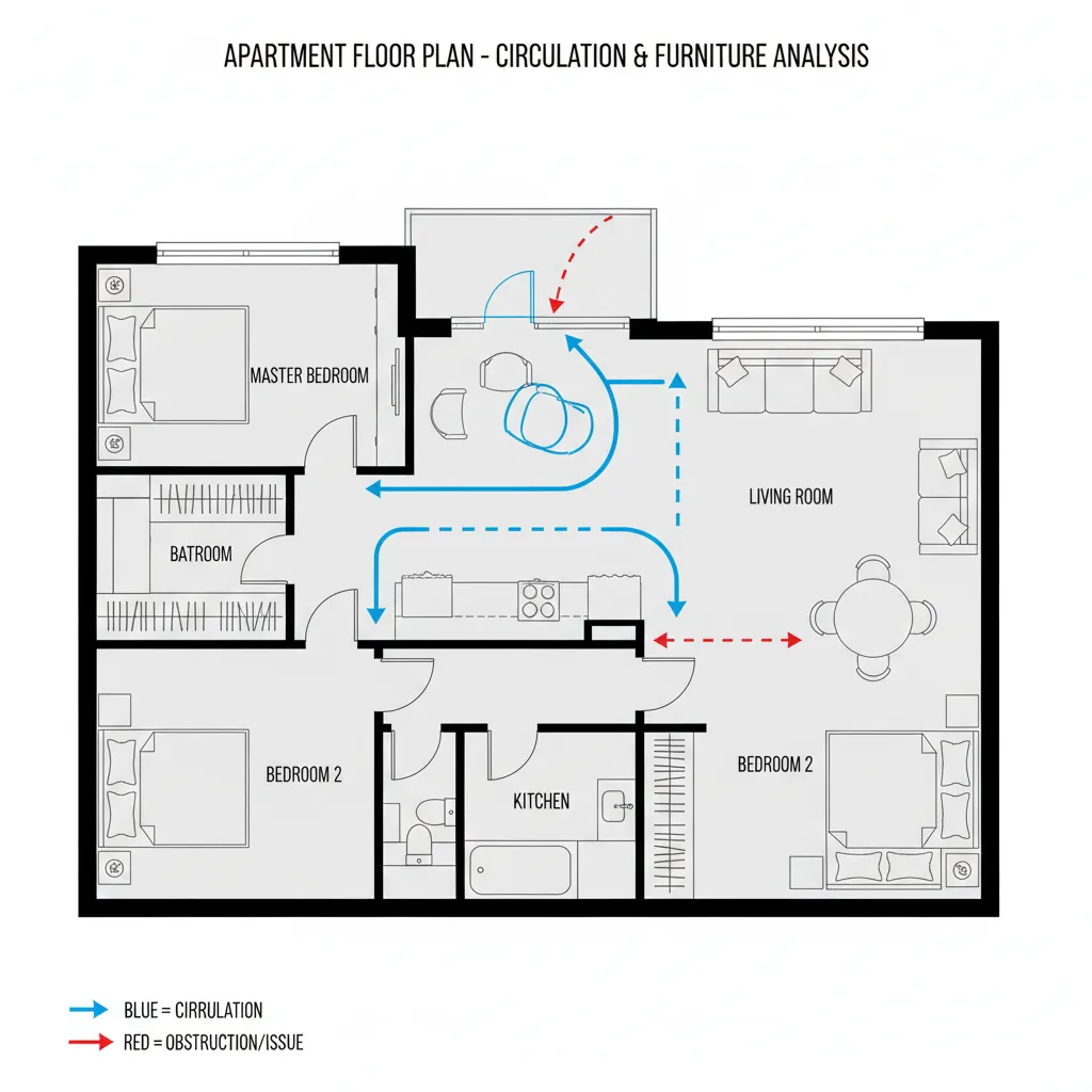 Example floor plan showing common layout mistakes like blocked walkways