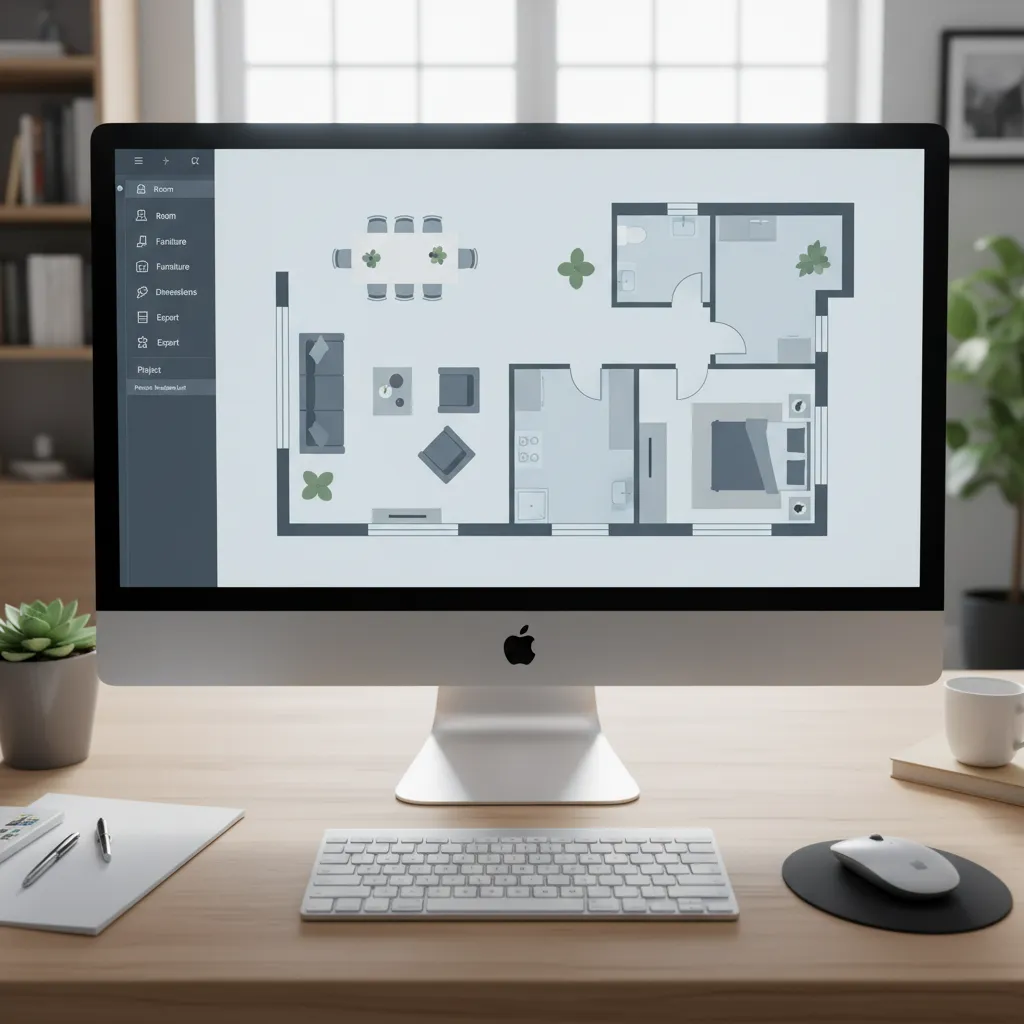 Plano digital de una casa con habitaciones y muebles vistos desde arriba