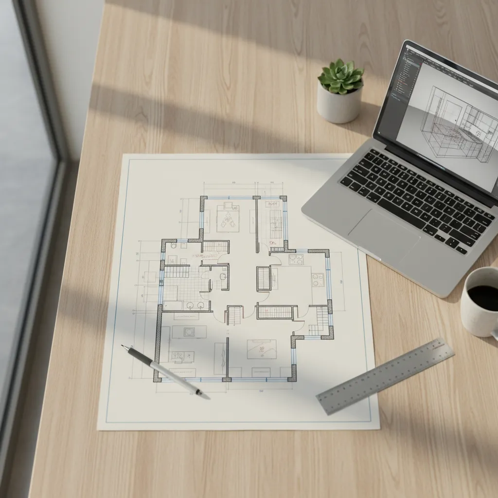 Plano de distribución de vivienda con lápiz, regla y portátil