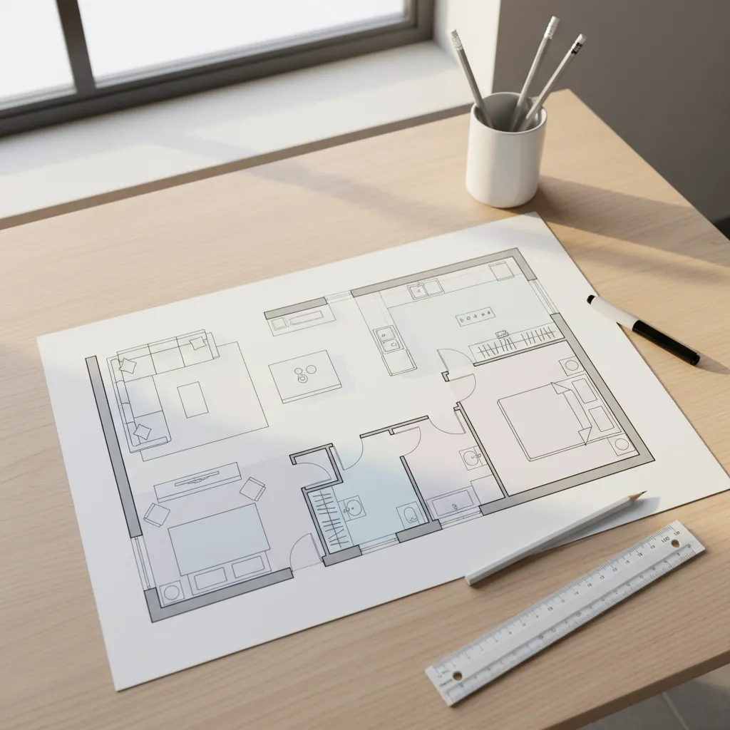 Detailed interior design drawing of house layout on wooden desk with pencils and a ruler