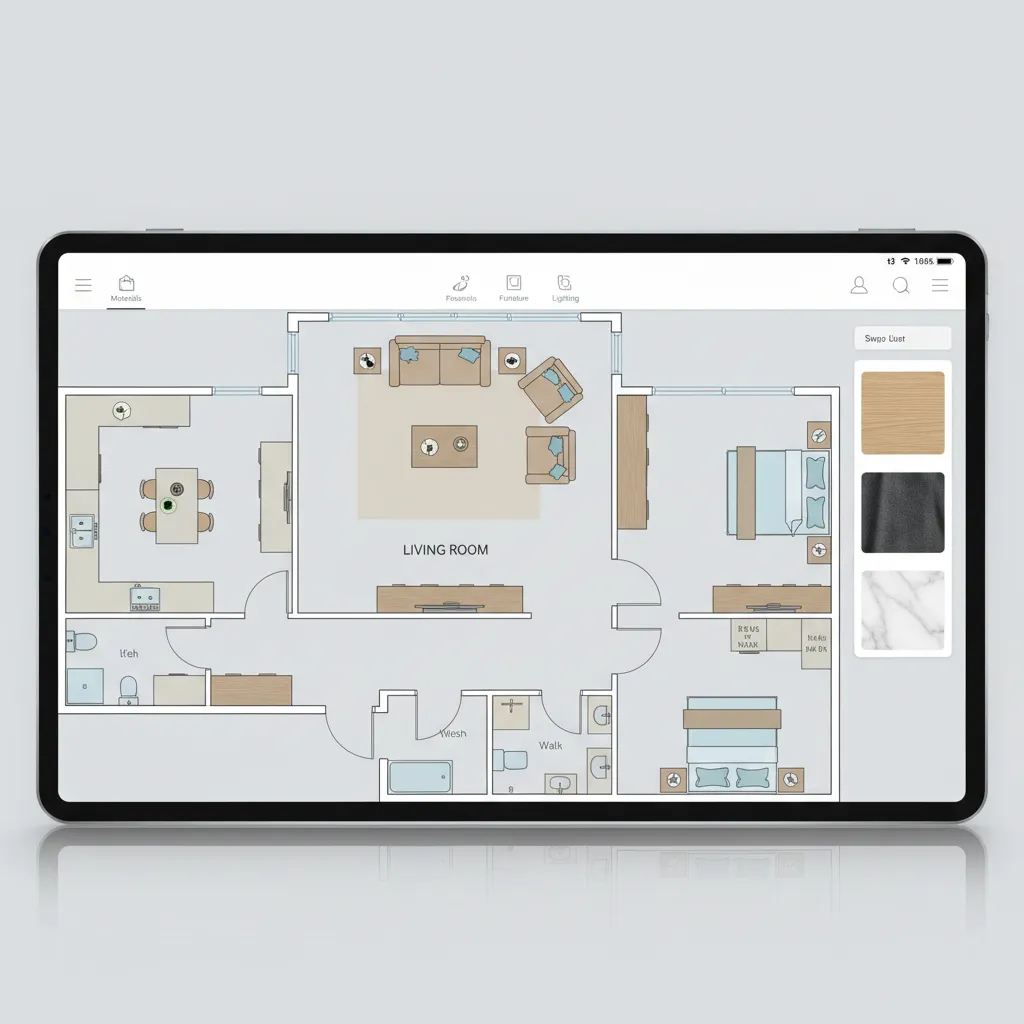 Plano digital de vivienda con habitaciones y muebles colocados