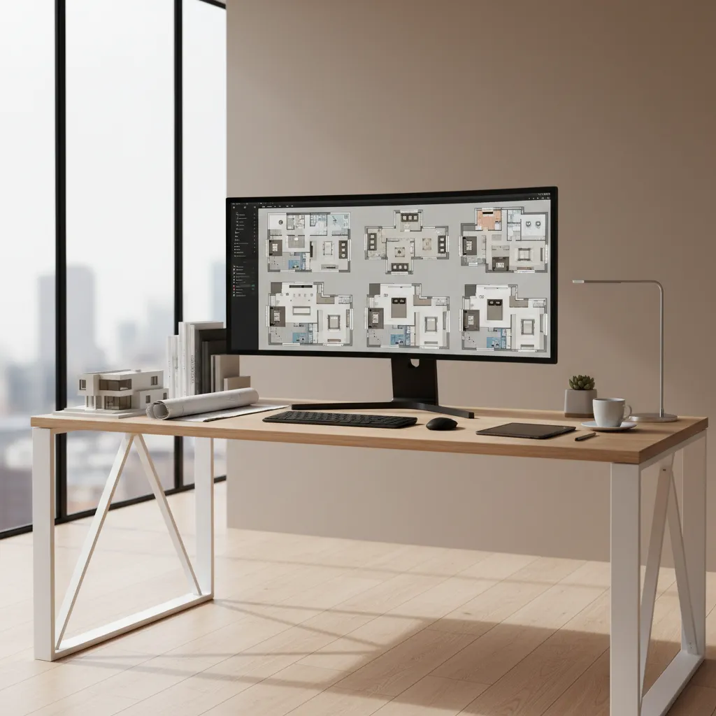 Designer comparing multiple digital floor plan layout options on a large screen