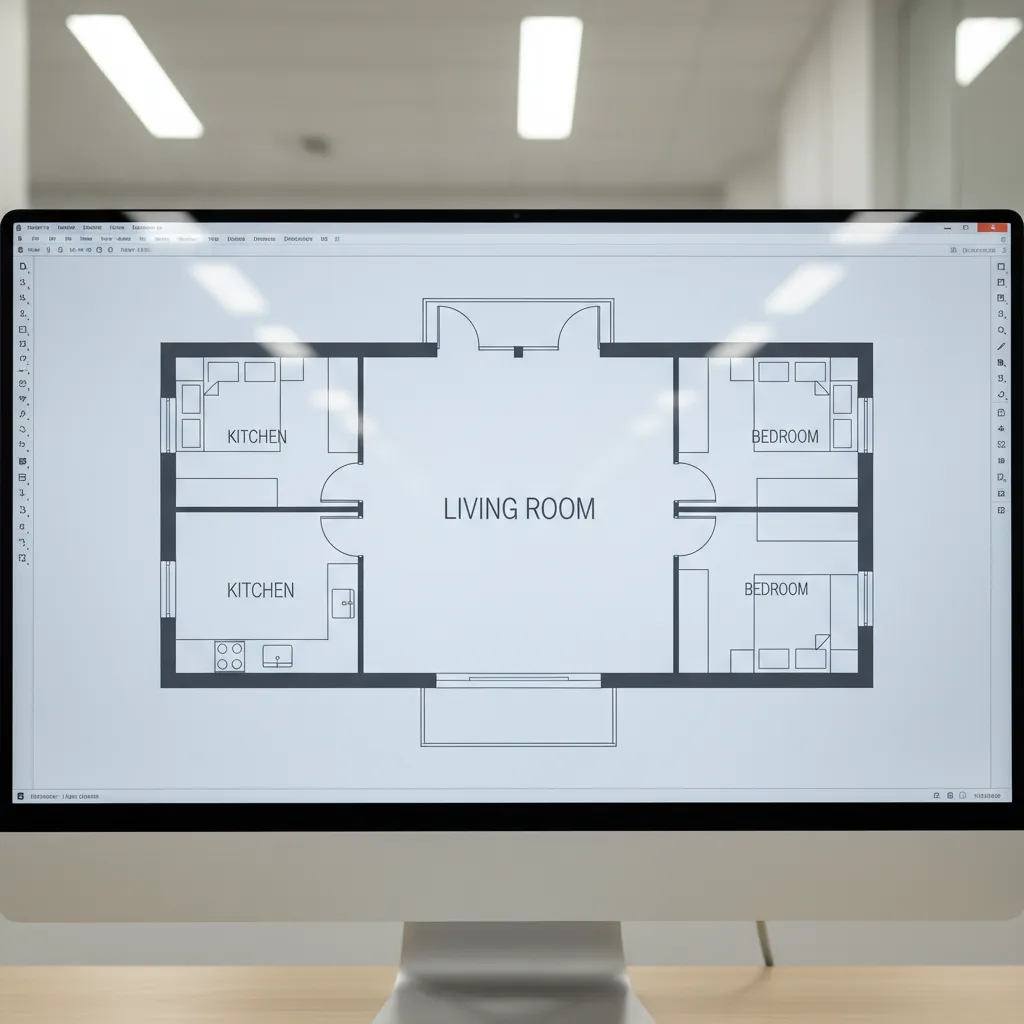 Plano digital de una vivienda con habitaciones marcadas en un software de diseño