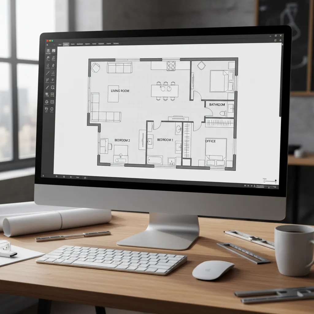 Plano digital de una casa creado en software de diseño con habitaciones etiquetadas