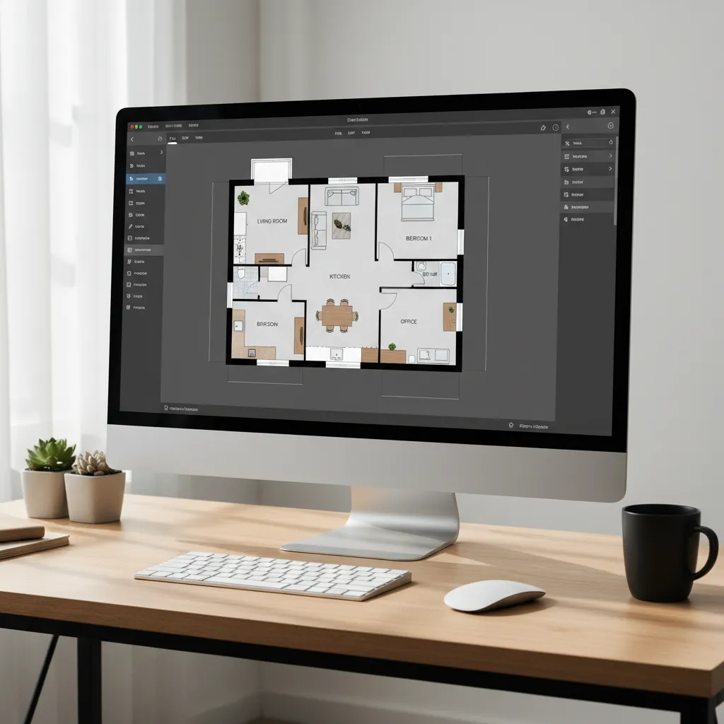 Plano digital de una casa con habitaciones distribuidas en software de diseño