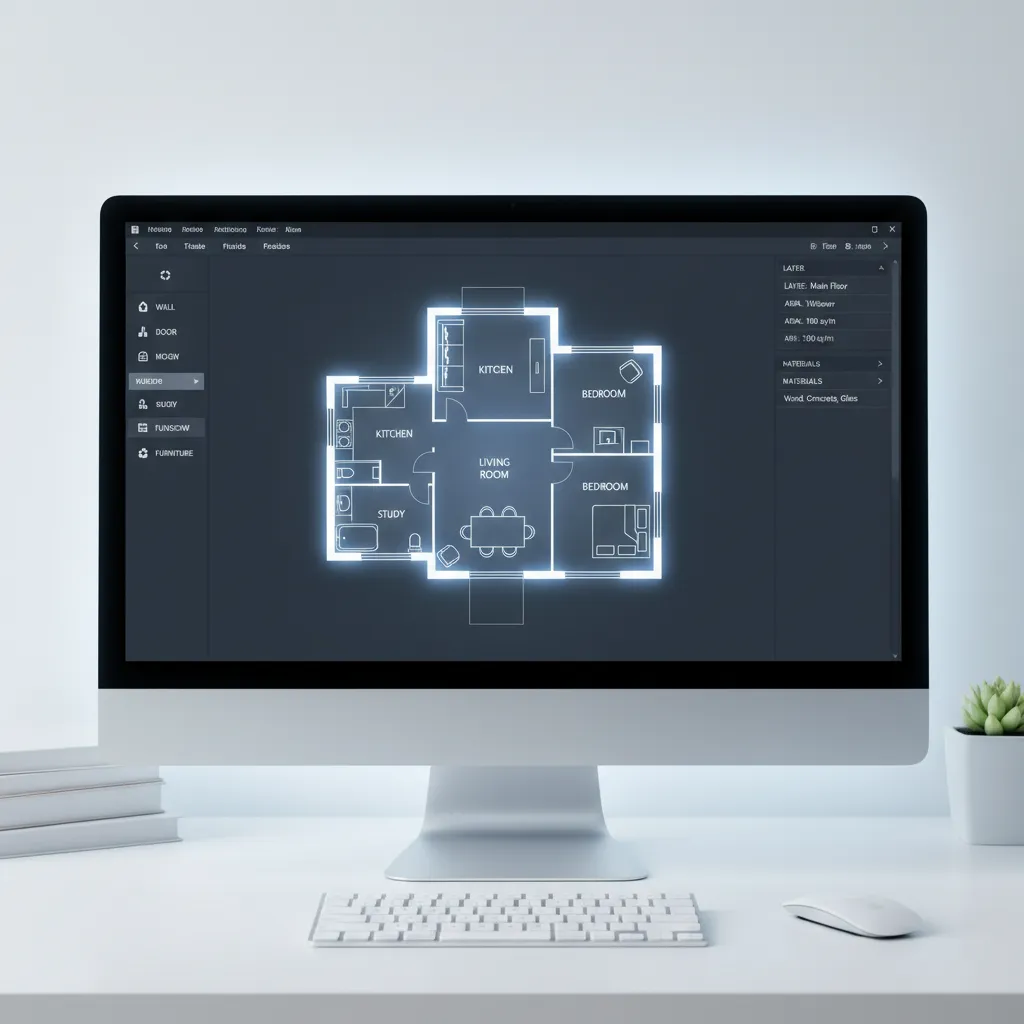 Plano digital de una vivienda en software de diseño con habitaciones etiquetadas