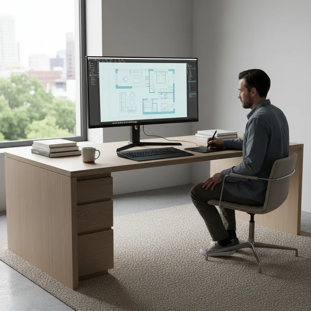 designer creating a digital floor plan layout on a computer screen