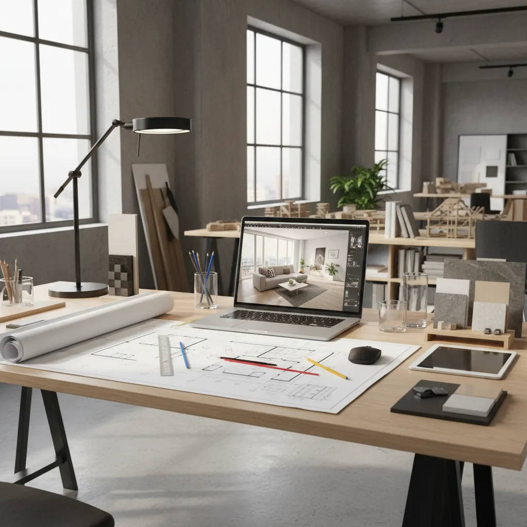 Designer reviewing a floor plan next to a laptop displaying a 3D interior model