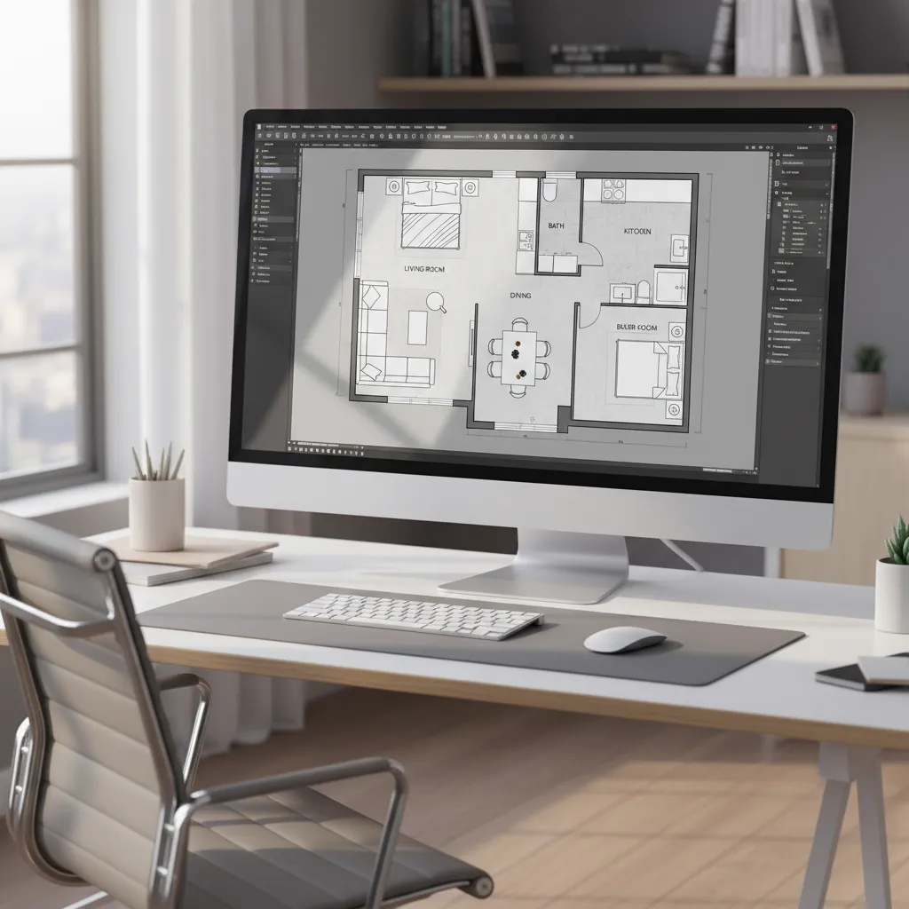 Plano de planta digital con muebles y medidas