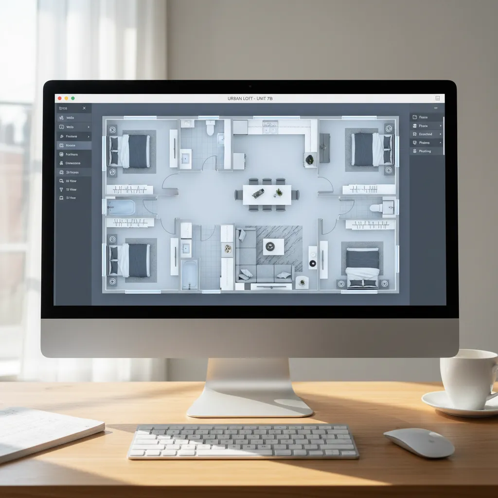 Plano digital de una vivienda con muebles distribuidos en una aplicación de diseño