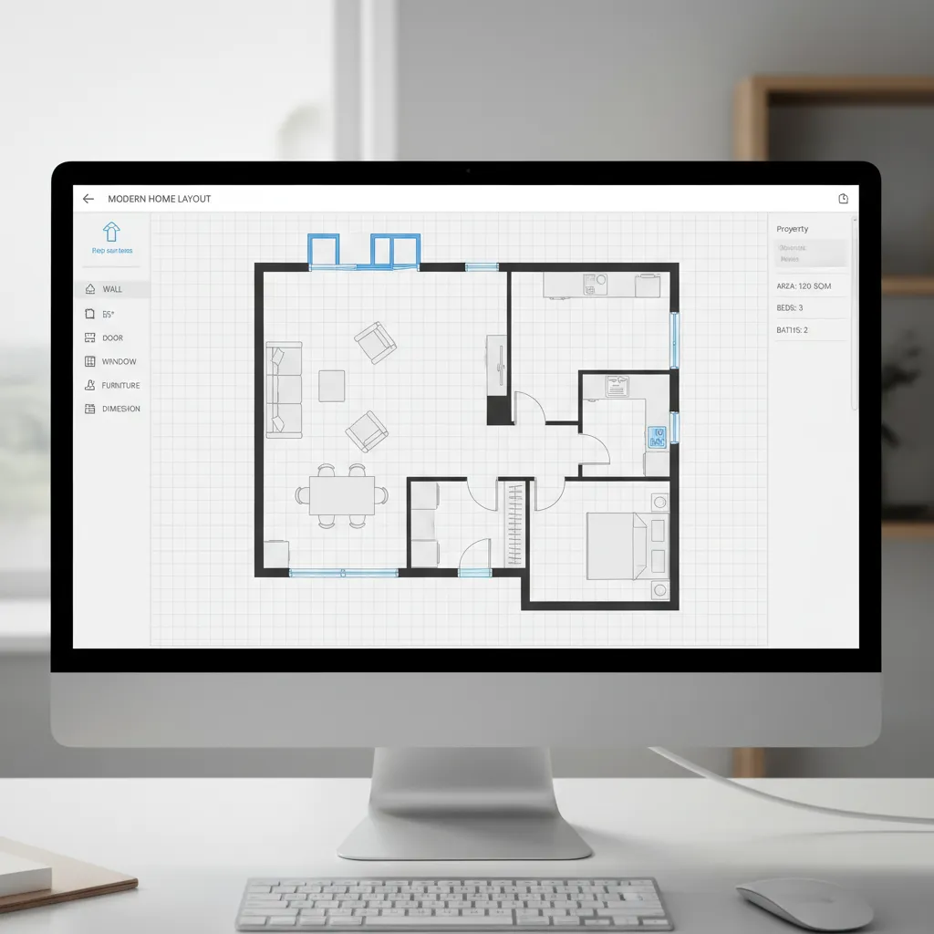 digital floor plan being created in interior design software with furniture layout