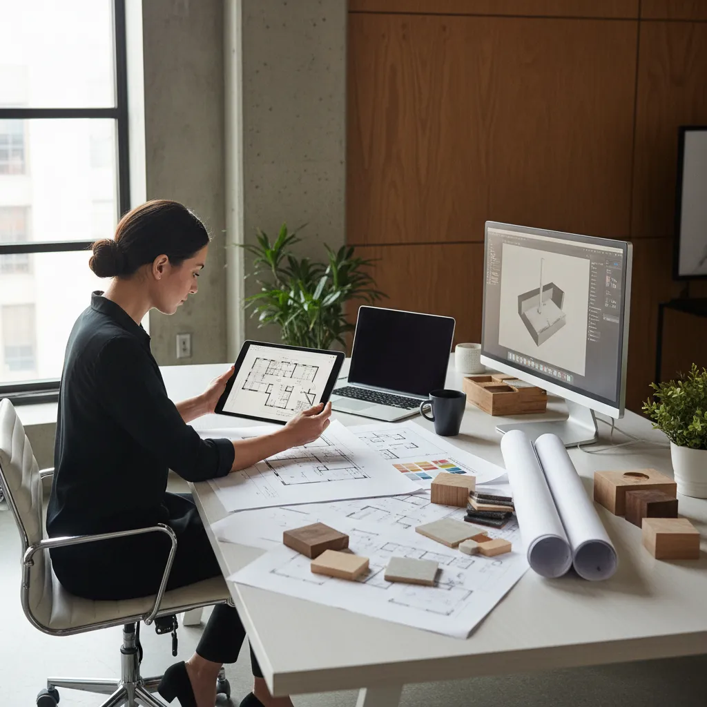 Interior designer reviewing a digital floor plan on tablet with architectural sketches
