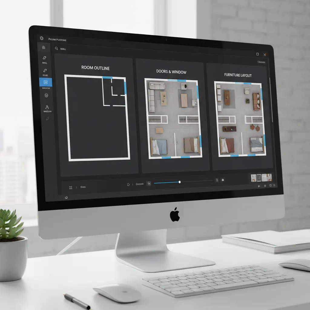 Step by step floor plan creation process on a computer screen