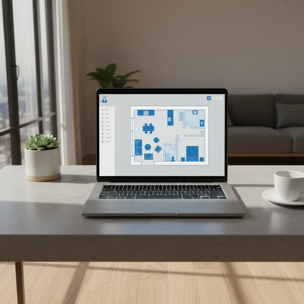 Laptop displaying a simple digital floor plan layout with furniture icons