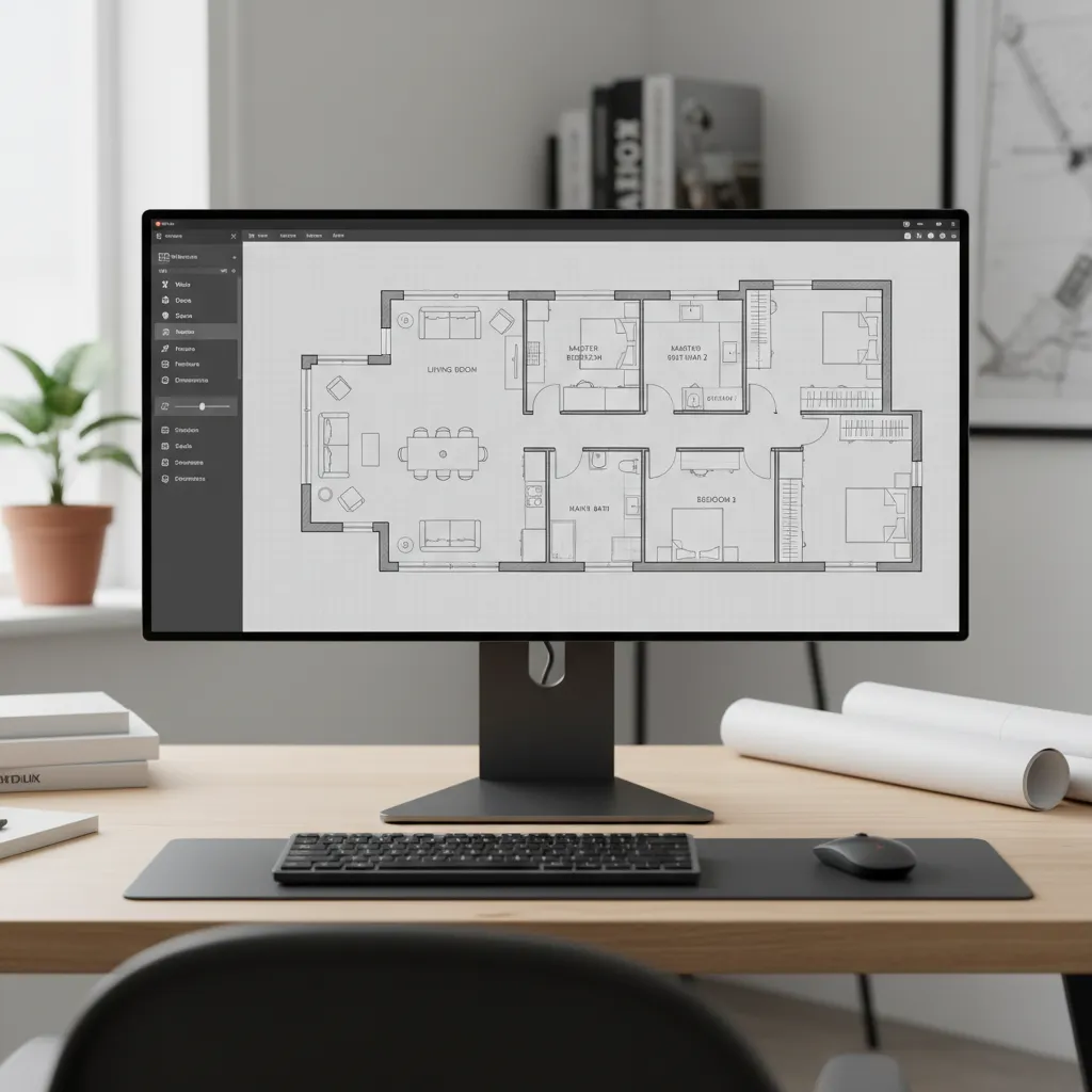 pantalla mostrando el dibujo digital de un plano de vivienda con habitaciones y medidas