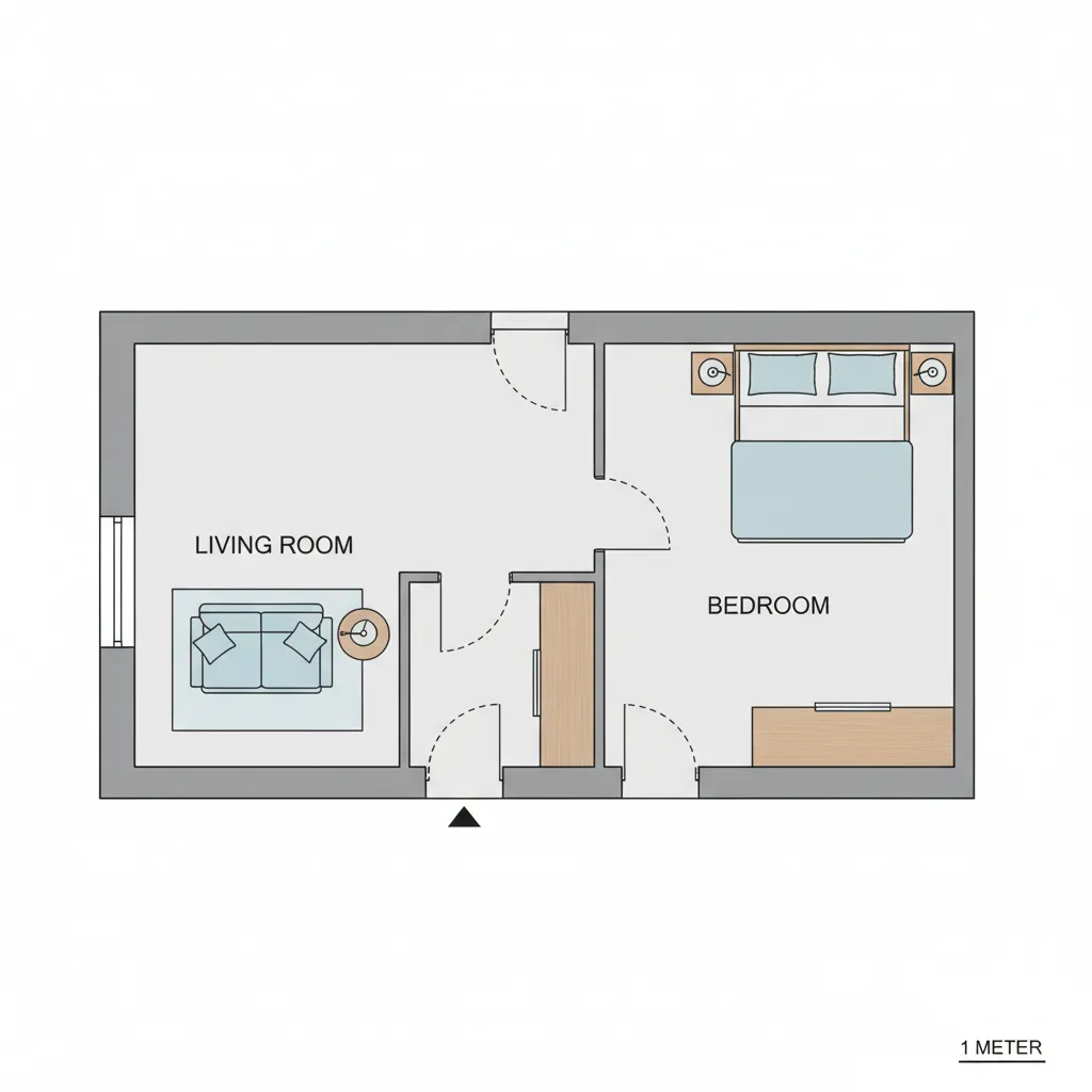 Floor plan diagram showing door swing clearance near furniture