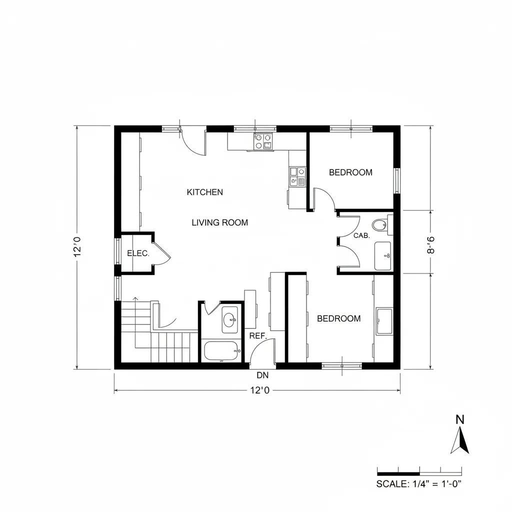 Architectural floor plan symbols showing walls doors windows and door swing arcs