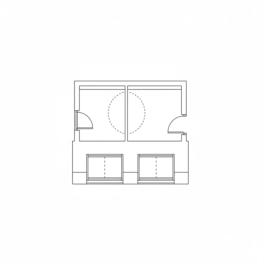 Simple interior design drawing showing two small rooms with door symbols and two windows below