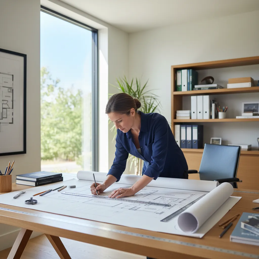 architect drawing residential floor plan before renovation planning