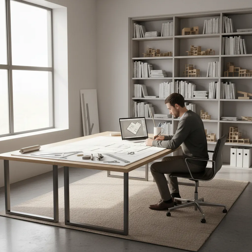 architect reviewing residential floor plan sketches and digital layout