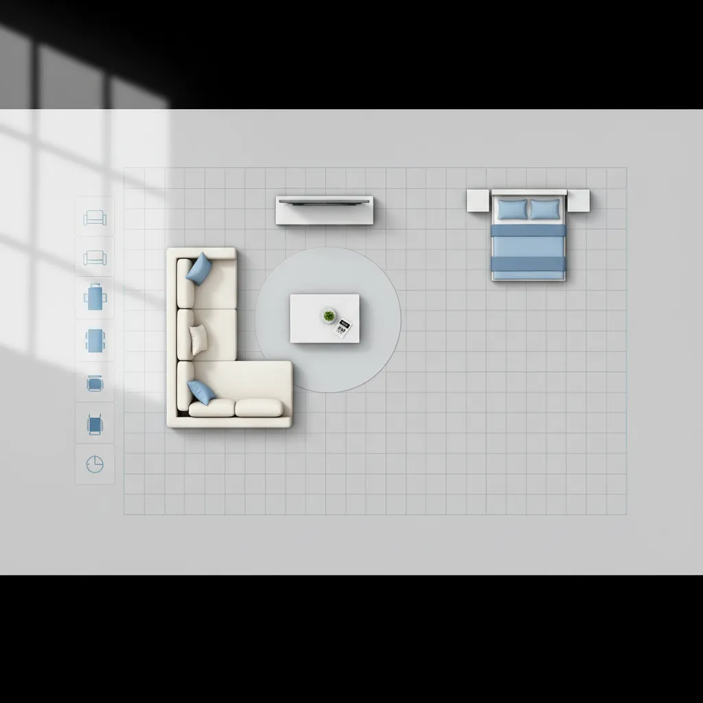 Drag and drop floor plan creator interface with room layout and furniture elements