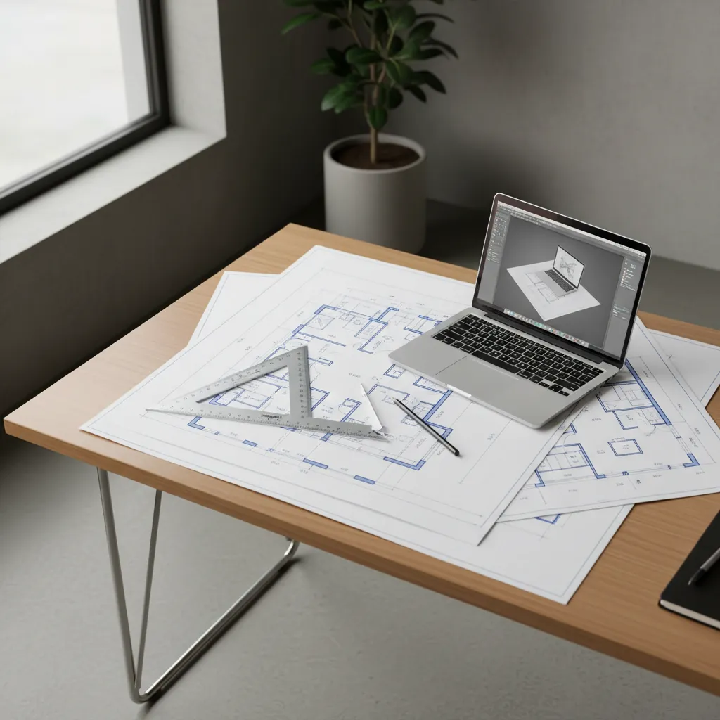 Architect reviewing a residential floor plan drawing on a desk with design tools