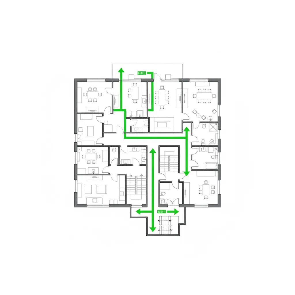 2D building floor plan diagram showing exit placement and evacuation routes
