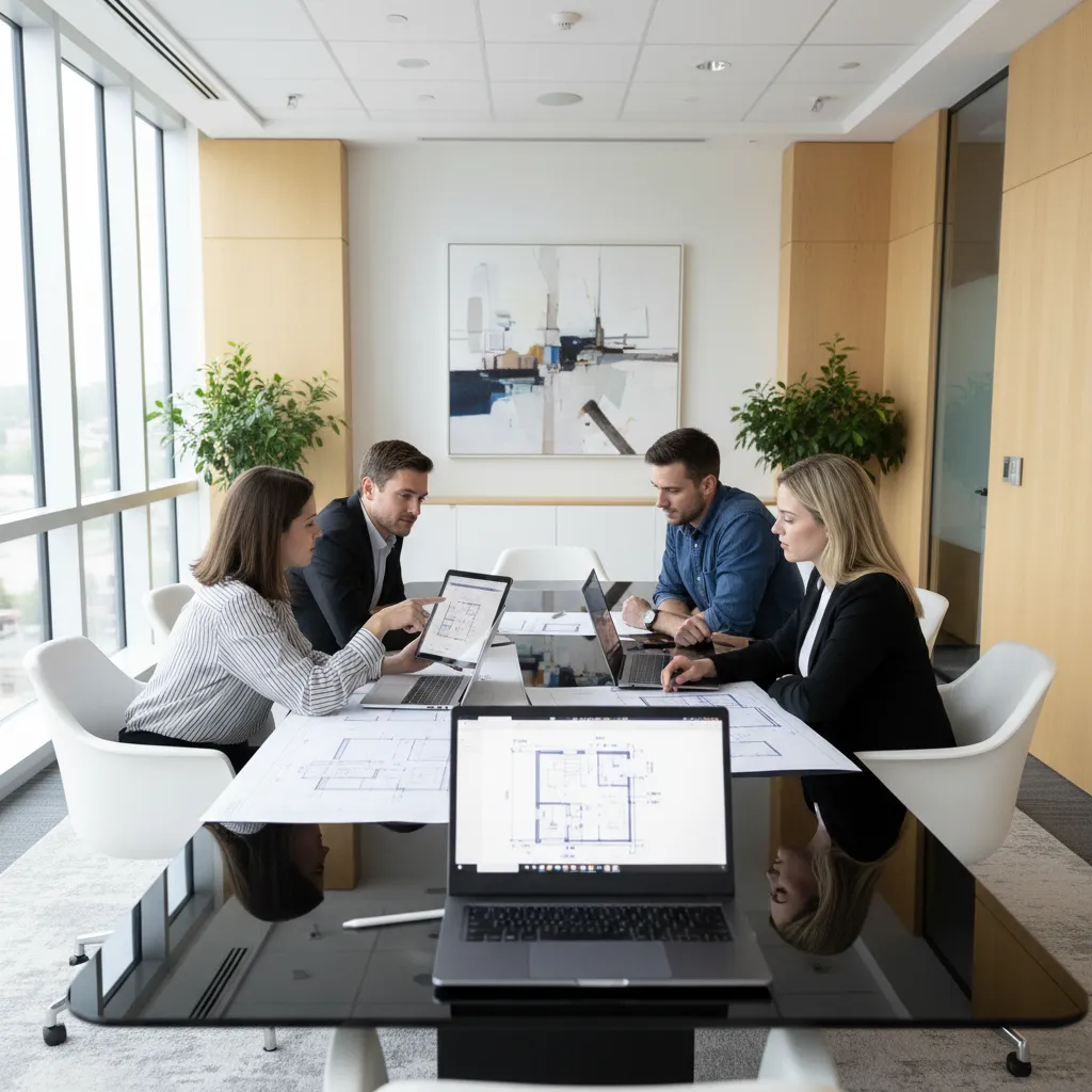 team reviewing digital floor plans on laptops and tablets