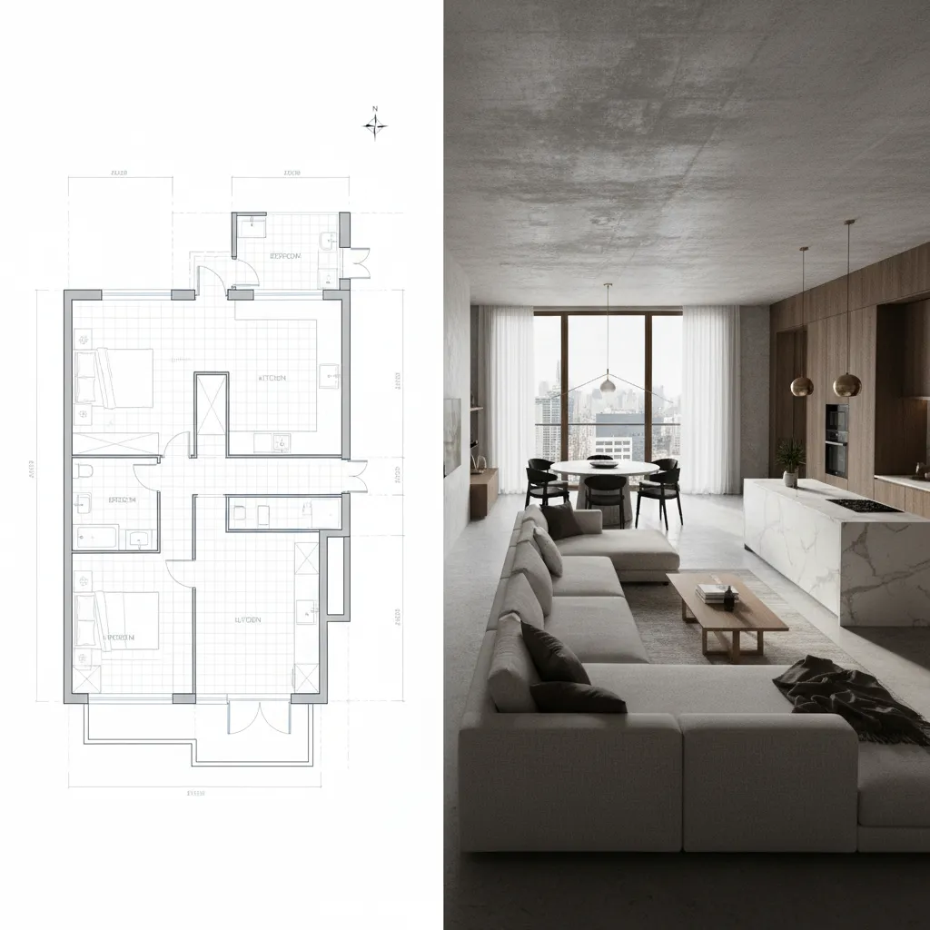 architectural floor plan converting into 3d rendered interior visualization