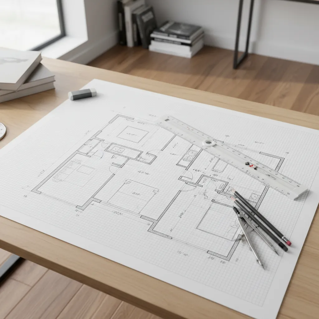 Beginner practicing a 2D floor plan with feet and inches measurements on graph paper
