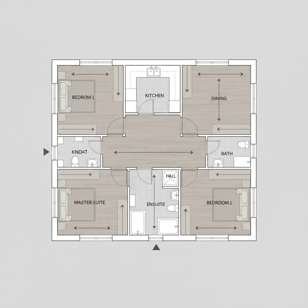 architectural floor plan diagram showing hardwood flooring orientation arrows