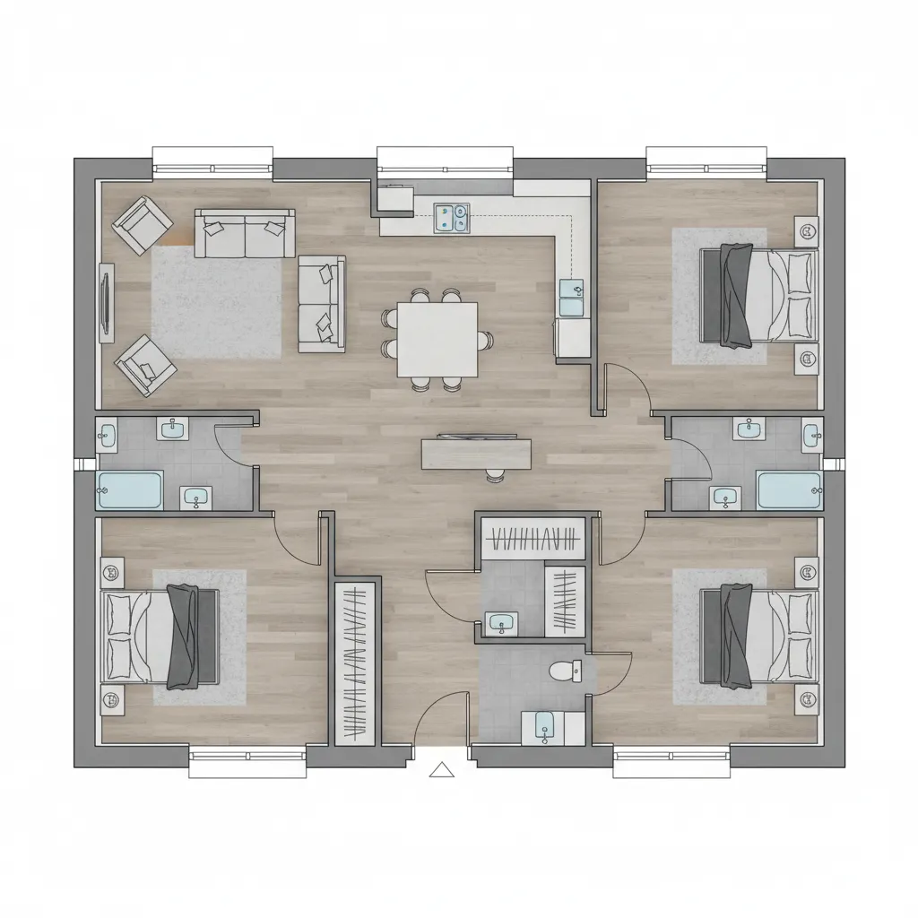 top down floor plan showing flooring layout across multiple rooms