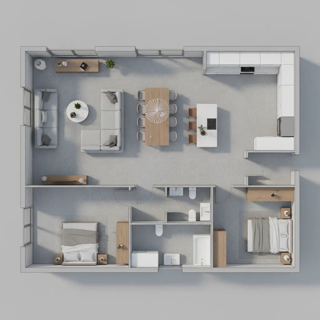 Floor plan with furniture placement showing sofa dining table bed and circulation space