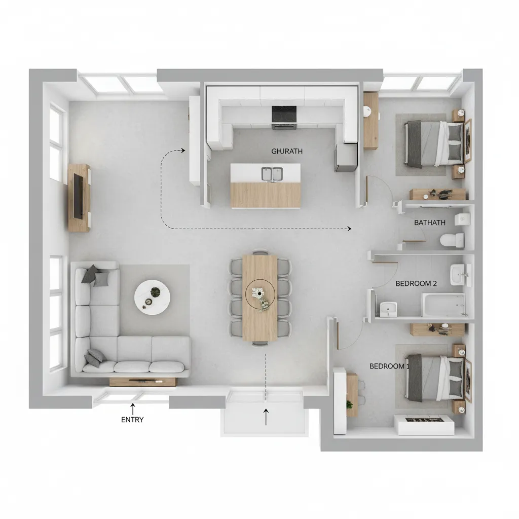Example digital floor plan showing furniture placement and walking space