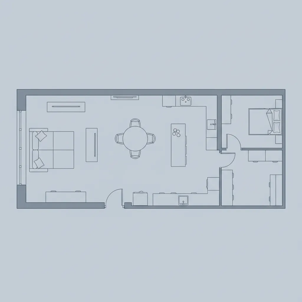 2D floor plan with furniture arrangement showing sofa table and bed placement