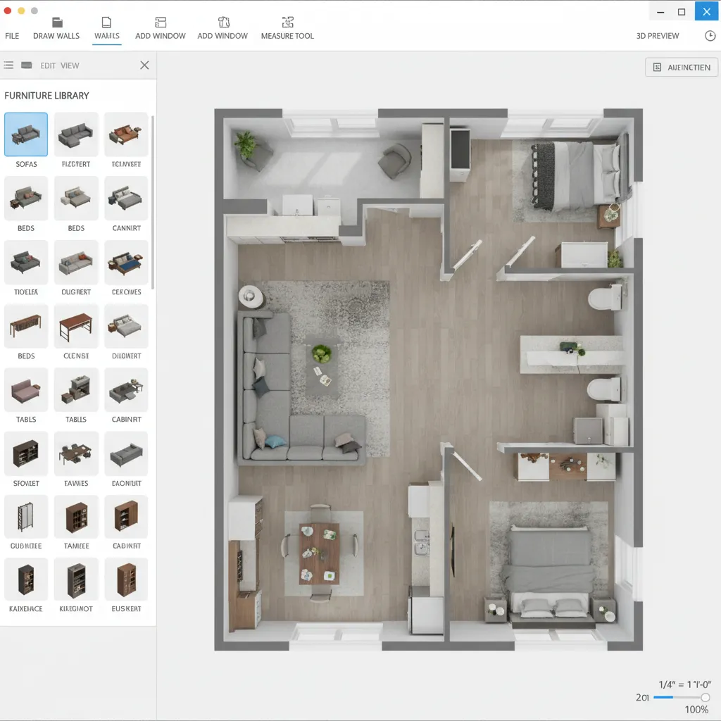 floor planner furniture library with sofas beds tables for layout testing