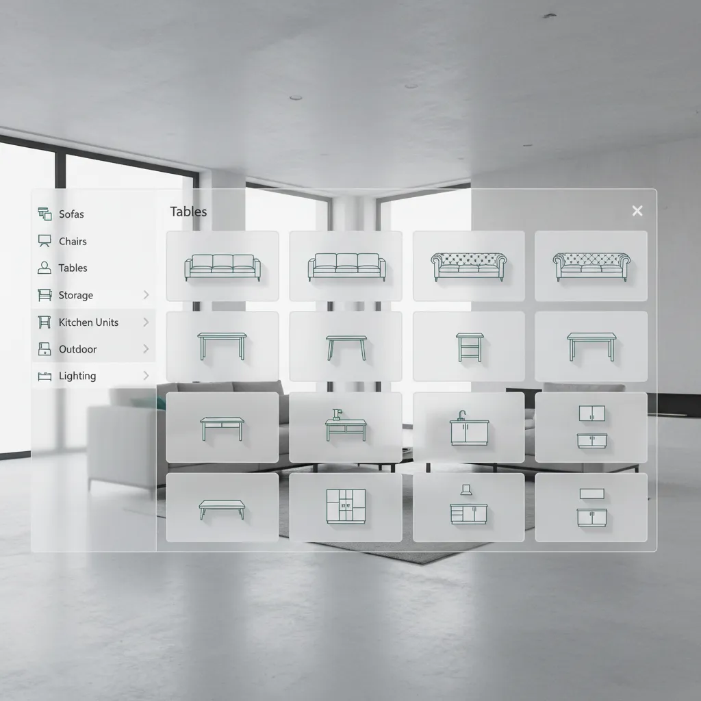 floor plan app furniture library panel with multiple asset categories