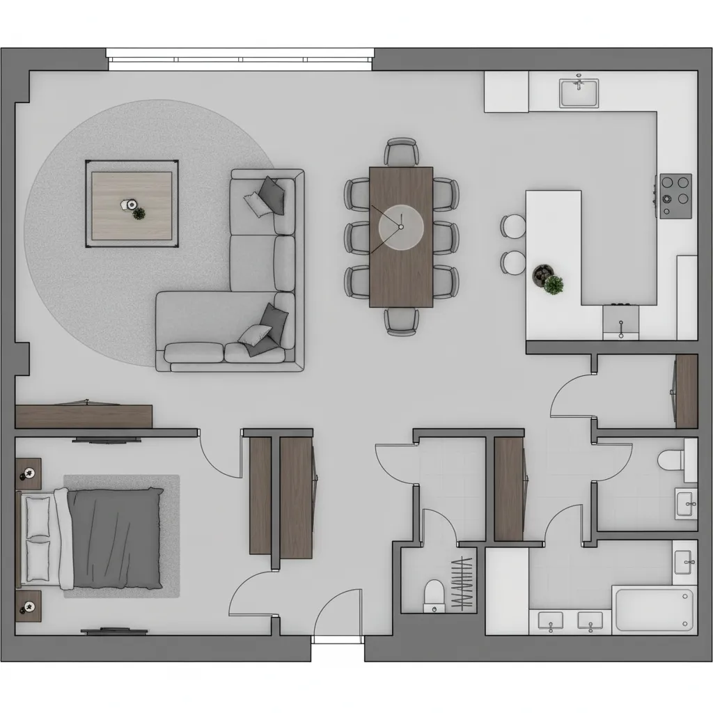 Top-down floor plan showing furniture scaled correctly inside a living room layout